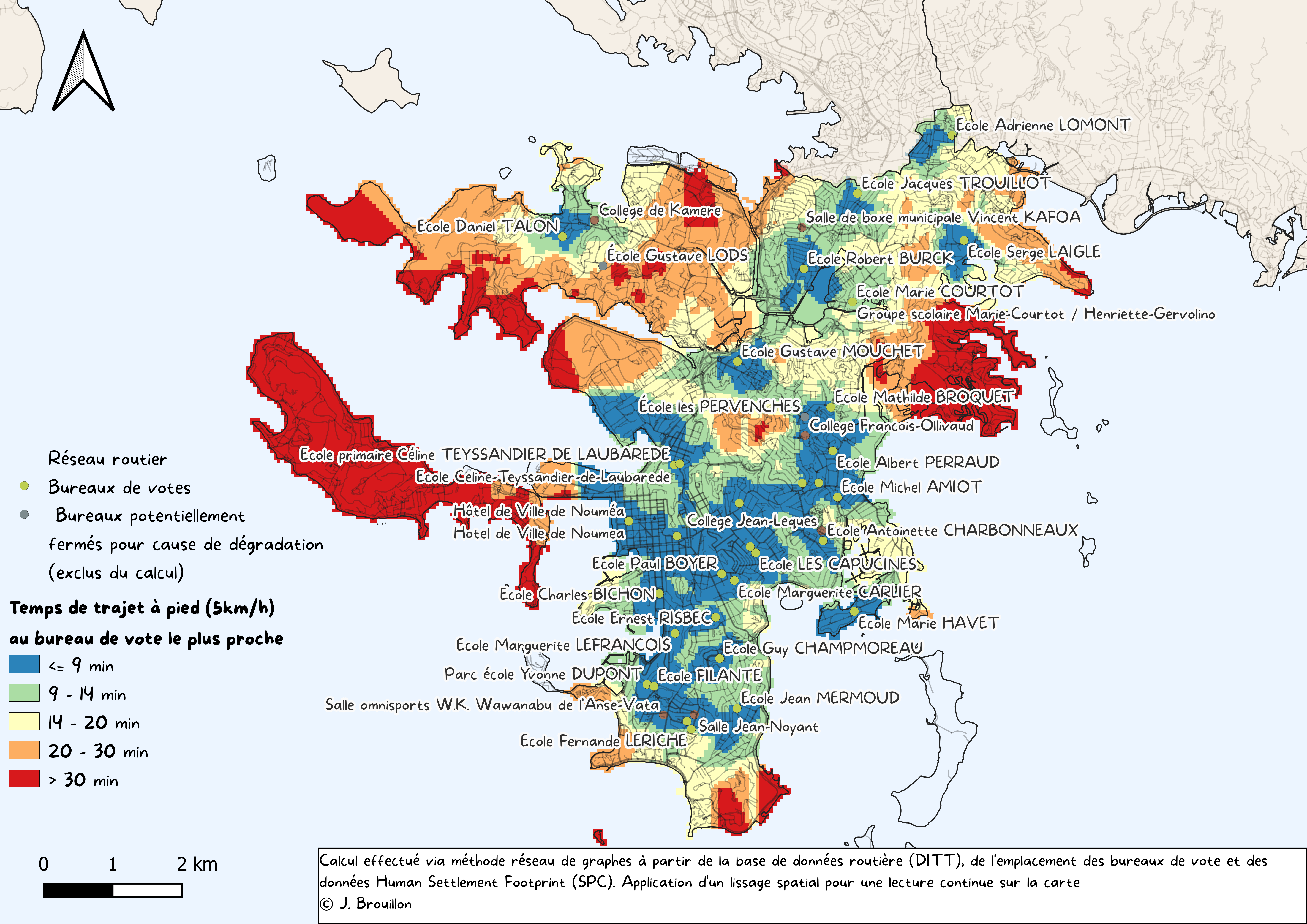 Carte des temps de trajet à pied vers le bureau de vote le plus proche à Nouméa
